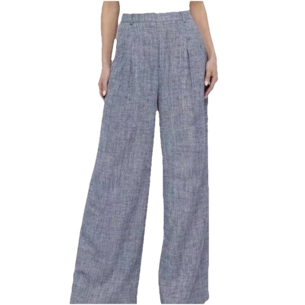 DKNY Linen Blend High Rise Wide-Leg Pants Women's 2 Blue Zip/Hook & Bar NWT